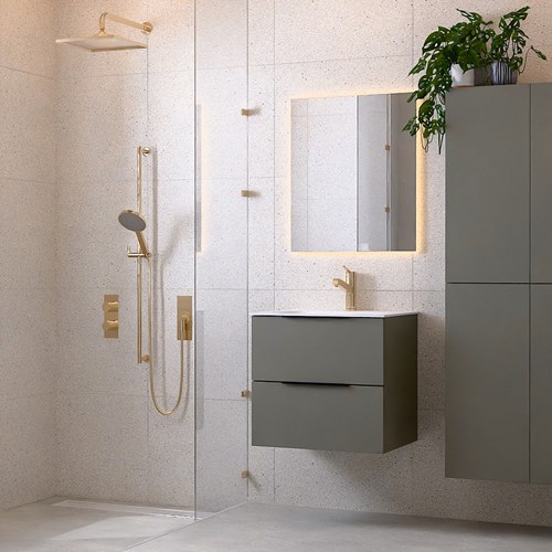 PROYECT 60cm bathroom vanity unit Smoke with 2 drawers. Vanity top solid surface Center 1 tab hole Talc.