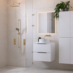 PROYECT 60cm meubles de salle de bains Talc avec 2 tiroirs. Lavabo RONDA Céramique Centrée sans trou pour robinet Blanco brillo.