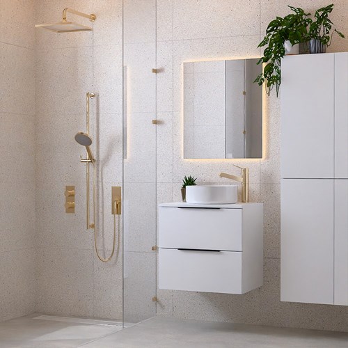 PROYECT 60cm meubles de salle de bains Talc avec 2 tiroirs. Lavabo RONDA Céramique Centrée 1 trou pour robinetter Blanco brillo.