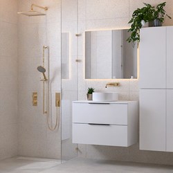 PROYECT 80cm meubles de salle de bains Talc avec 2 tiroirs. Lavabo RONDA Céramique Centrée sans trou pour robinet Blanco brillo.