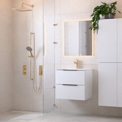 PROYECT 60cm bathroom vanity unit Talc with 2 drawers. Vanity top solid surface Center 1 tab hole Talc.
