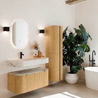 THOR-DLUX 100cm meubles de salle de bains courbe gauche + droite couleur Oak avec 1 tiroir et 2 portes. Lavabo suspendu CLOUD Gauche 1 trou pour robinetter couleur Frappe.