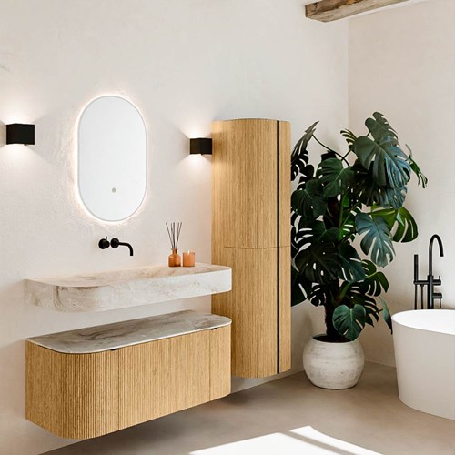 THOR-DLUX 110cm badmeubel ronding links + rechts kleur Oak met 1 lade en 2 deuren. Vrijhangende wastafel CLOUD Midden zonder kraangat kleur Frappe.