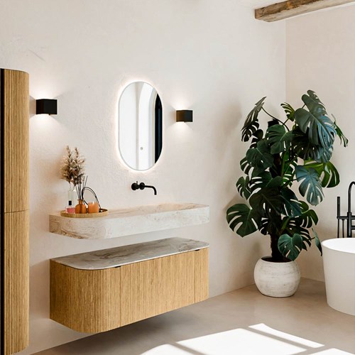THOR-DLUX 120cm mueble de baño curva izquierda + derecha color Oak con 1 cajón y 2 puertas. Lavabo suspendido CLOUD Derecho sin orificio color Frappe.