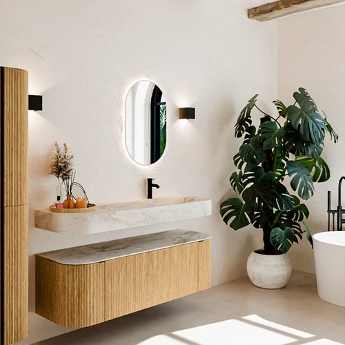 THOR-DLUX 140cm mueble de baño curva izquierda + derecha color Oak con 1 cajón y 2 puertas. Lavabo suspendido CLOUD Derecho 1 orificio color Frappe.