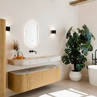 THOR-DLUX 150cm badmeubel ronding links + rechts kleur Oak met 1 lade en 2 deuren. Vrijhangende wastafel CLOUD Midden zonder kraangat kleur Frappe.