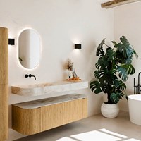 THOR-DLUX 150cm meubles de salle de bains courbe gauche + droite couleur Oak avec 1 tiroir et 2 portes. Lavabo suspendu CLOUD Gauche sans trou pour robinet couleur Frappe.