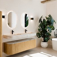 THOR-DLUX 160cm meubles de salle de bains courbe gauche + droite couleur Oak avec 1 tiroir et 2 portes. Lavabo suspendu CLOUD Double 2 trous robinetterie couleur Frappe.