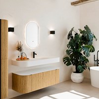 THOR 130cm meubles de salle de bains courbe gauche + droite couleur Oak avec 1 tiroir et 2 portes. Lavabo suspendu CLOUD Centrée 1 trou pour robinetter couleur Talc.