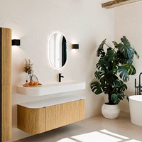 THOR 130cm bathroom vanity set curve left + right color Oak with 1 drawer and 2 doors. Floating sink CLOUD Right 1 tab hole color Talc.