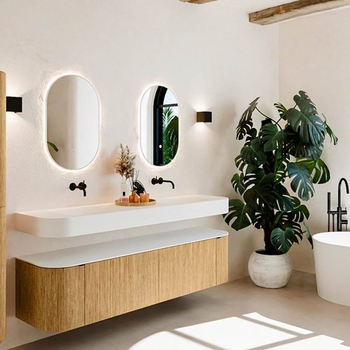 THOR 180cm meubles de salle de bains courbe gauche + droite couleur Oak avec 2 tiroirs et 2 portes. Lavabo suspendu CLOUD Double sans trou pour robinet couleur Talc.