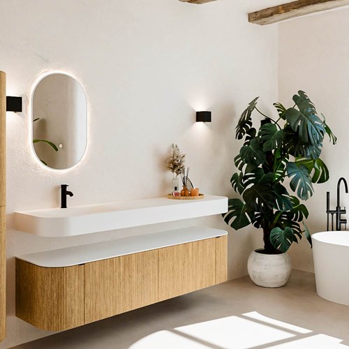 THOR 180cm meubles de salle de bains courbe gauche + droite couleur Oak avec 2 tiroirs et 2 portes. Lavabo suspendu CLOUD Gauche 1 trou pour robinetter couleur Talc.