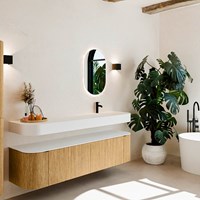 THOR 180cm meubles de salle de bains courbe gauche + droite couleur Oak avec 2 tiroirs et 2 portes. Lavabo suspendu CLOUD Droite 1 trou pour robinetter couleur Talc.