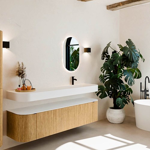 THOR 180cm meubles de salle de bains courbe gauche + droite couleur Oak avec 2 tiroirs et 2 portes. Lavabo suspendu CLOUD Droite 1 trou pour robinetter couleur Talc.