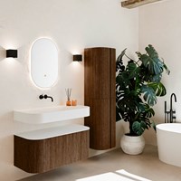 THOR 100cm meubles de salle de bains courbe gauche + droite couleur Walnut avec 1 tiroir et 2 portes. Lavabo suspendu CLOUD Centrée sans trou pour robinet couleur Talc.