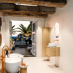 VELOR 50cm meubles de salle de bains couleur Oak avec 1 tiroir et 0 portes. Vasque à poser COSS Centrée sans trou pour robinet couleur Talc.