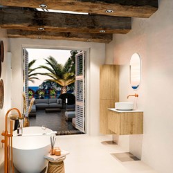 VELOR 60cm meubles de salle de bains couleur Oak avec 1 tiroir et 0 portes. Vasque à poser COSS Centrée sans trou pour robinet couleur Talc.