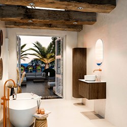 VELOR 70cm meubles de salle de bains couleur Walnut avec 1 tiroir et 0 portes. Vasque à poser COSS Centrée sans trou pour robinet couleur Talc.