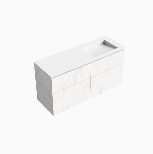XABI 130cm mueble de baño Carrara 4 cajones. Lavabo AVON Derecho sin orificio, color Talc.