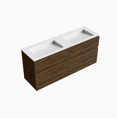 XABI 150cm mueble de baño Mocha 4 cajones. Lavabo AVON Doble sin orificio, color Talc.