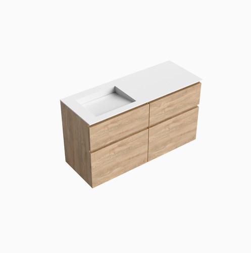 XABI 120cm mueble de baño Washed Oak 4 cajones. Lavabo AVON Izquierda sin orificio, color Talc.