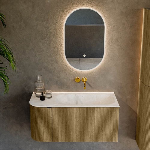 KURVE-DLUX 95cm mobili da bagno curva Sinistra colore Dusk con 1 cassetto e 1 porta. Lavabo BIG SMALL Destra senza foro per il rubinetto, colore Frappe.-2