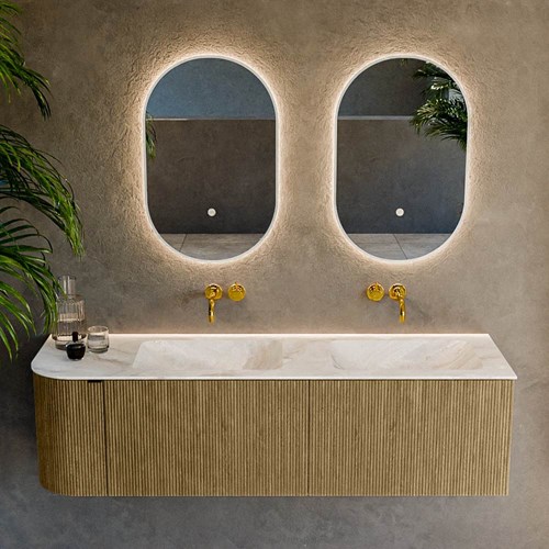 KURVE-DLUX 155cm badmöbel kurve Links farbe Dusk mit 2 schubladen und 1 tür. Einbauwaschbecken LEAF Doppelt / Rechts kein hahnloch Frappe.-2