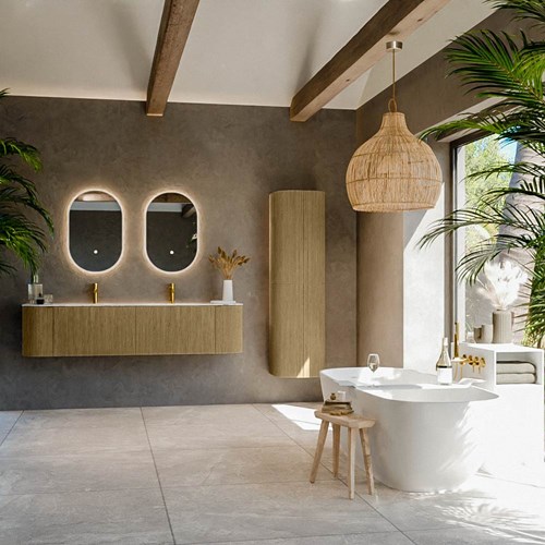 KURVE-DLUX 180cm mobili da bagno curva Sinistra + Destra colore Dusk con 2 cassetti e 2 porte. Lavabo LEAF Doppio 2 fori del rubinetto, colore Glace.-3