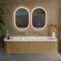 KURVE-DLUX 170cm mobili da bagno curva Sinistra + Destra colore Dusk con 1 cassetto e 2 porte. Lavabo BIG LARGE Centro senza foro per il rubinetto, colore Glace.-2