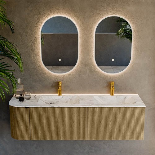 KURVE-DLUX 155cm bathroom vanity set curve Left color Dusk with 2 drawers and 1 door. Vanity top LEAF Double / Right 2 tab holes, color Glace.-2