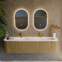 KURVE-DLUX 180cm mobili da bagno curva Sinistra + Destra colore Dusk con 2 cassetti e 2 porte. Lavabo LEAF Doppio 2 fori del rubinetto, colore Glace.-2