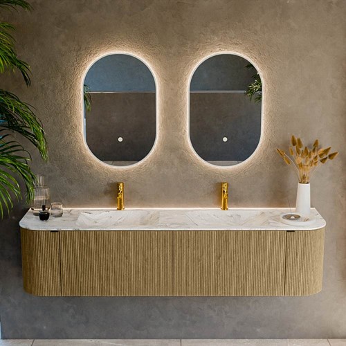 KURVE-DLUX 180cm mobili da bagno curva Sinistra + Destra colore Dusk con 2 cassetti e 2 porte. Lavabo LEAF Doppio 2 fori del rubinetto, colore Glace.-2