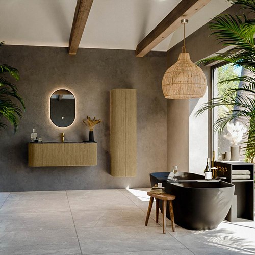 KURVE-DLUX 120cm meubles de salle de bains courbe Gauche + Droite couleur Dusk avec 1 tiroir et 2 portes. Lavabo BIG SMALL Centrée 1 trou pour robinetter, couleur Lava.-3
