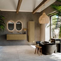 KURVE-DLUX 145cm meubles de salle de bains courbe Droite couleur Dusk avec 1 tiroir et 1 porte. Lavabo LEAF Double / Gauche sans trou pour robinet, couleur Lava.-3