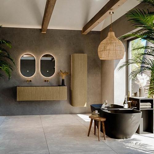 KURVE-DLUX 145cm meubles de salle de bains courbe Droite couleur Dusk avec 1 tiroir et 1 porte. Lavabo LEAF Double / Gauche sans trou pour robinet, couleur Lava.-3