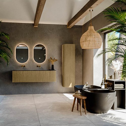 KURVE-DLUX 155cm meubles de salle de bains courbe Droite couleur Dusk avec 2 tiroirs et 1 porte. Lavabo LEAF Double / Gauche sans trou pour robinet, couleur Lava.-3