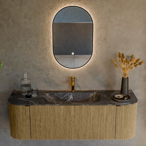 KURVE-DLUX 140cm meubles de salle de bains courbe Gauche + Droite couleur Dusk avec 1 tiroir et 2 portes. Lavabo BIG SMALL Centrée 1 trou pour robinetter, couleur Lava.-2