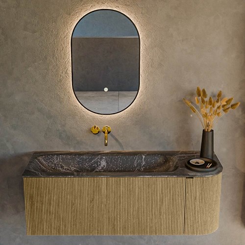 KURVE-DLUX 125cm bathroom vanity set curve Right color Dusk with 1 drawer and 1 door. Vanity top BIG MEDIUM Left without tab hole, color Lava.-2