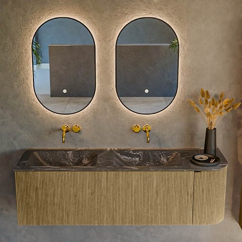 KURVE-DLUX 145cm meubles de salle de bains courbe Droite couleur Dusk avec 1 tiroir et 1 porte. Lavabo LEAF Double / Gauche sans trou pour robinet, couleur Lava.-2