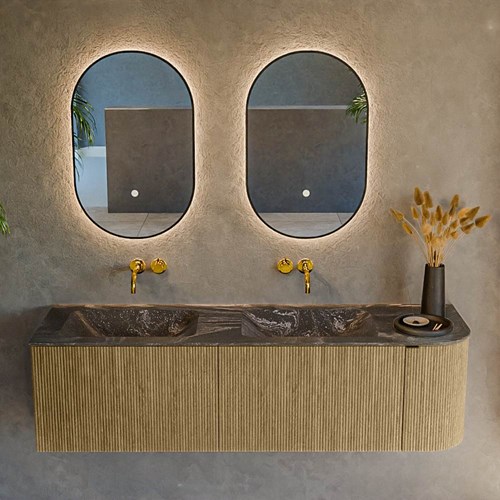 KURVE-DLUX 155cm meubles de salle de bains courbe Droite couleur Dusk avec 2 tiroirs et 1 porte. Lavabo LEAF Double / Gauche sans trou pour robinet, couleur Lava.-2