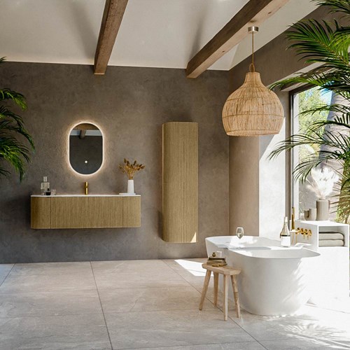 KURVE-DLUX 140cm meubles de salle de bains courbe Gauche + Droite couleur Dusk avec 1 tiroir et 2 portes. Lavabo BIG SMALL Centrée 1 trou pour robinetter, couleur Opalo.-3