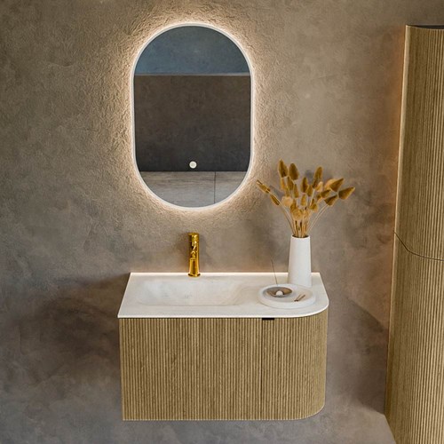 KURVE-DLUX 75cm mueble de baño curva Derecha color Dusk con 1 cajón y 1 puerta. Lavabo GRUNNE Izquierda 1 orificio Opalo.-2