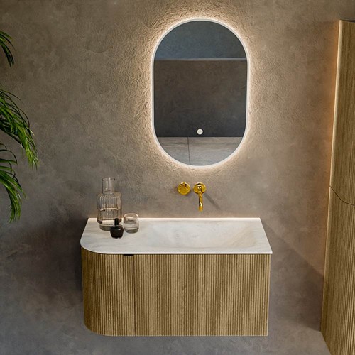 KURVE-DLUX 85cm mobili da bagno curva Sinistra colore Dusk con 1 cassetto e 1 porta. Lavabo CLOUD Destra senza foro per il rubinetto, colore Opalo.-2
