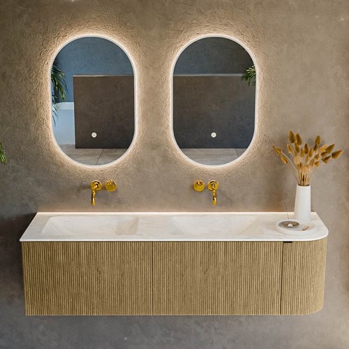 KURVE-DLUX 155cm badmeubel ronding Rechts kleur Dusk met 2 lades en 1 deur. Wastafel LEAF Dubbel / Links zonder kraangat Opalo.-2