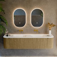 KURVE-DLUX 180cm meubles de salle de bains courbe Gauche + Droite couleur Dusk avec 2 tiroirs et 2 portes. Lavabo LEAF Double sans trou pour robinet, couleur Opalo.-2