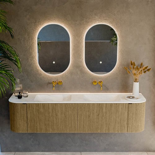 KURVE-DLUX 180cm meubles de salle de bains courbe Gauche + Droite couleur Dusk avec 2 tiroirs et 2 portes. Lavabo LEAF Double sans trou pour robinet, couleur Opalo.-2