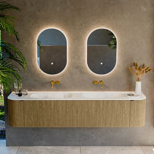 KURVE-DLUX 200cm meubles de salle de bains courbe Gauche + Droite couleur Dusk avec 2 tiroirs et 2 portes. Lavabo STOR SMALL Double sans trou pour robinet, couleur Opalo.-2