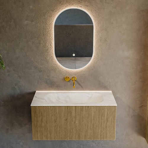 KURVE-DLUX 90cm mobili da bagno colore Dusk con 1 cassetto e 0 porte. Lavabo BIG SMALL Centro senza foro per il rubinetto, colore Ostra.-2
