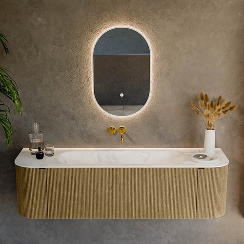KURVE-DLUX 160cm meubles de salle de bains courbe Gauche + Droite couleur Dusk avec 1 tiroir et 2 portes. Lavabo BIG MEDIUM Centrée sans trou pour robinet, couleur Ostra.-2