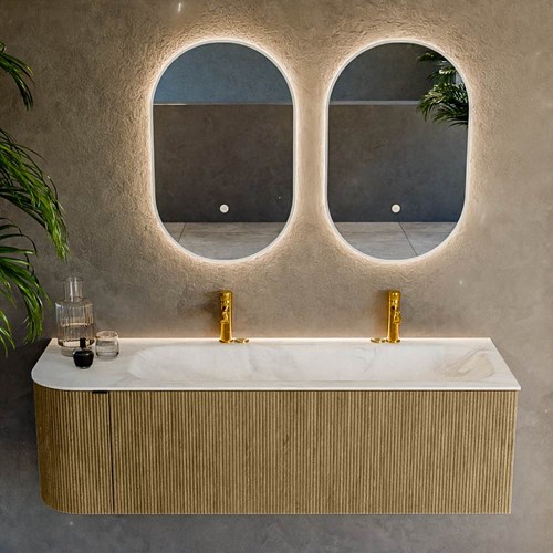KURVE-DLUX 145cm mobili da bagno curva Sinistra colore Dusk con 1 cassetto e 1 porta. Lavabo BIG LARGE Destra 2 fori del rubinetto, colore Ostra.-2